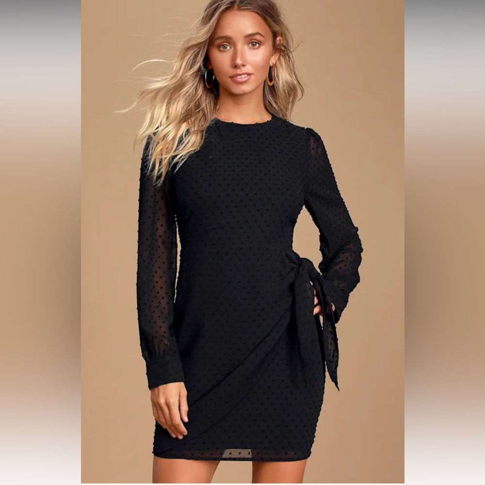 Lulus Much Love Black Swiss Dot Long Sleeve Tie-Front